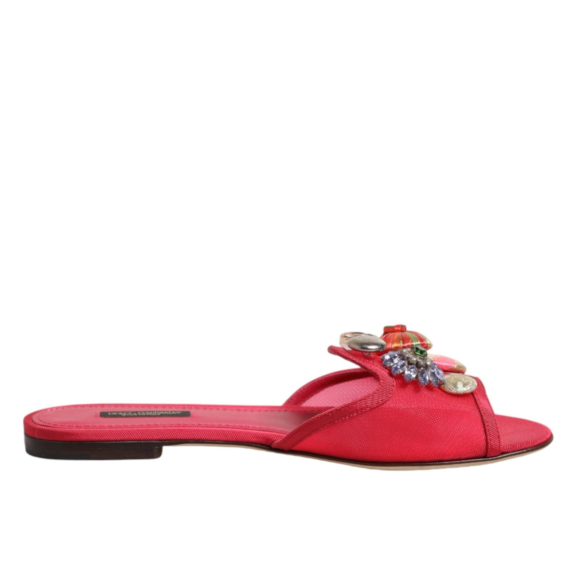 Dolce & Gabbana Red Embellished Flats Slip On Sandals Shoes