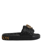 Dolce & Gabbana Black Devotion Matelassé Leather Slides Shoes - Eljoys Fashion 