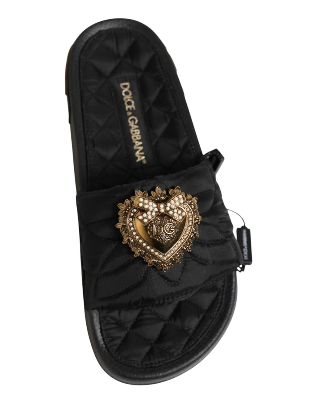 Dolce & Gabbana Black Devotion Matelassé Leather Slides Shoes - Eljoys Fashion 