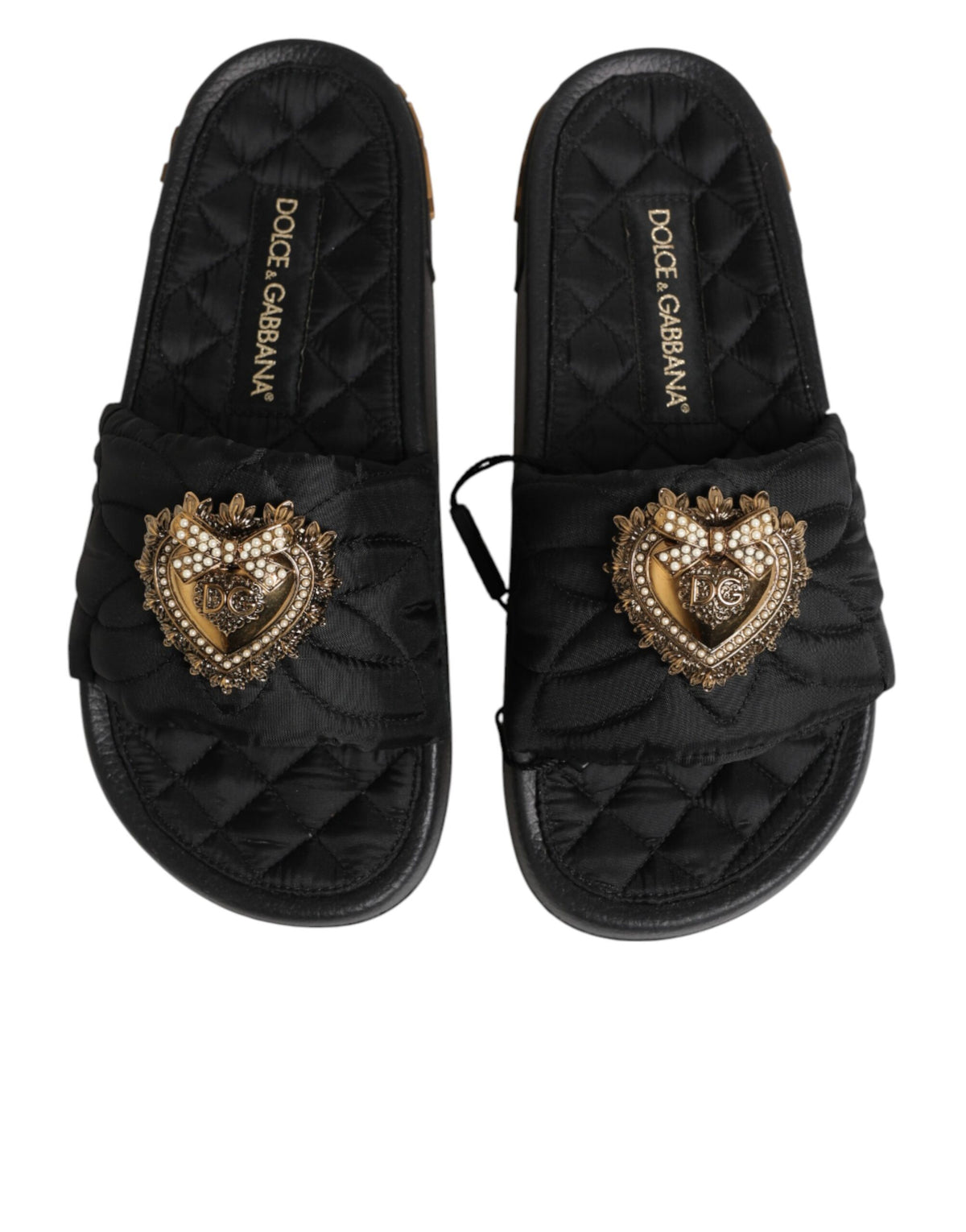 Dolce & Gabbana Black Devotion Matelassé Leather Slides Shoes - Eljoys Fashion 