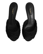 Dolce & Gabbana Black Embroidered Slip On Heels Slides Shoes - Eljoys Fashion 