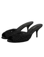 Dolce & Gabbana Black Embroidered Slip On Heels Slides Shoes - Eljoys Fashion 