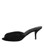 Dolce & Gabbana Black Embroidered Slip On Heels Slides Shoes - Eljoys Fashion 