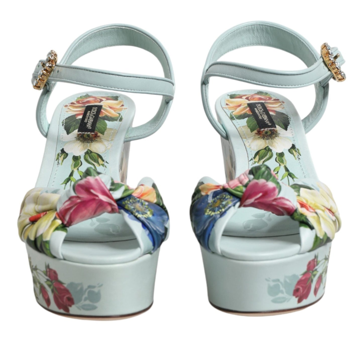 Dolce & Gabbana Green Floral Ankle Strap Wedge Sandals Shoes