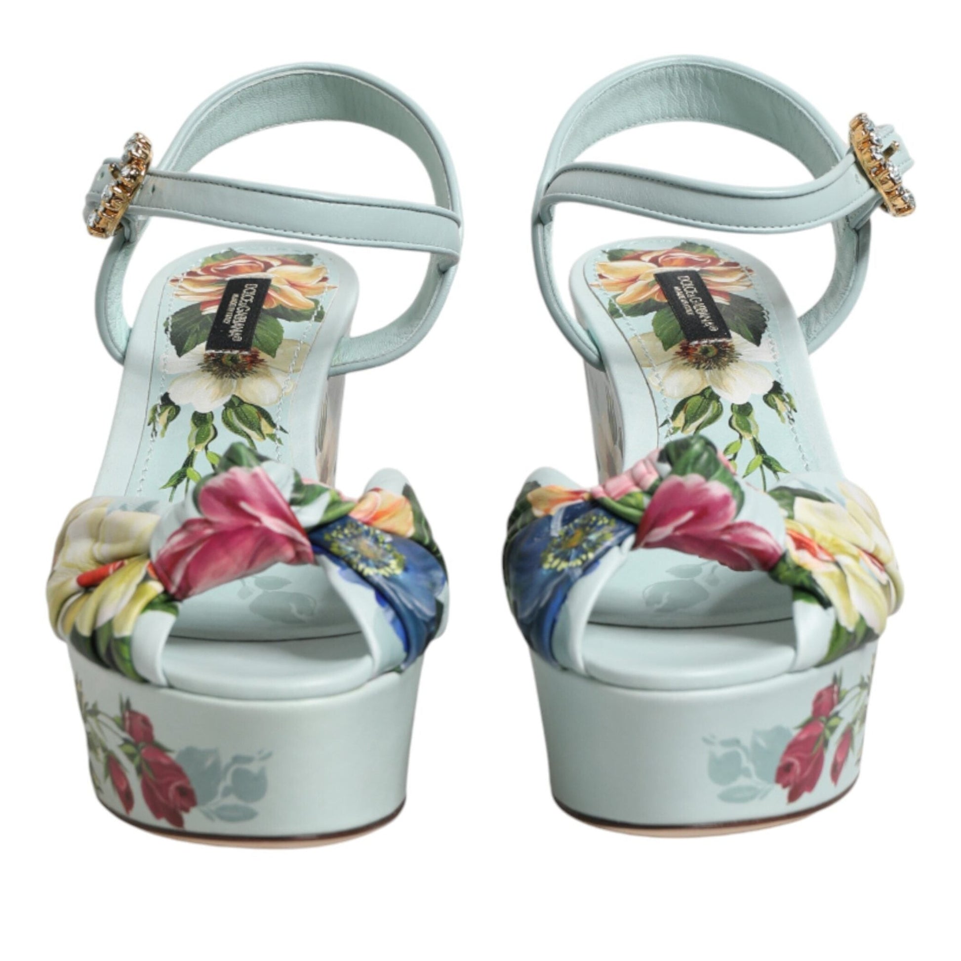 Dolce & Gabbana Green Floral Ankle Strap Wedge Sandals Shoes