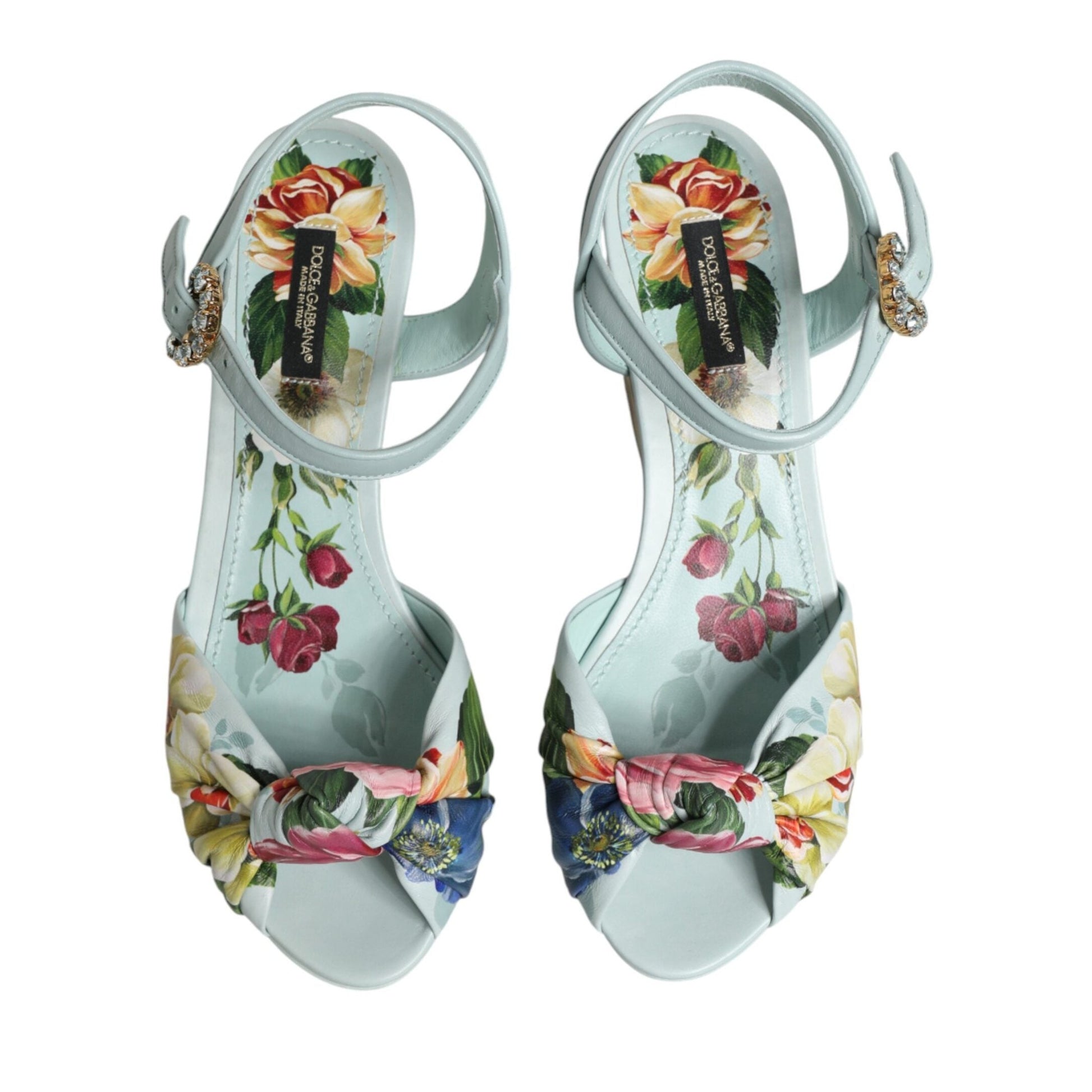 Dolce & Gabbana Green Floral Ankle Strap Wedge Sandals Shoes