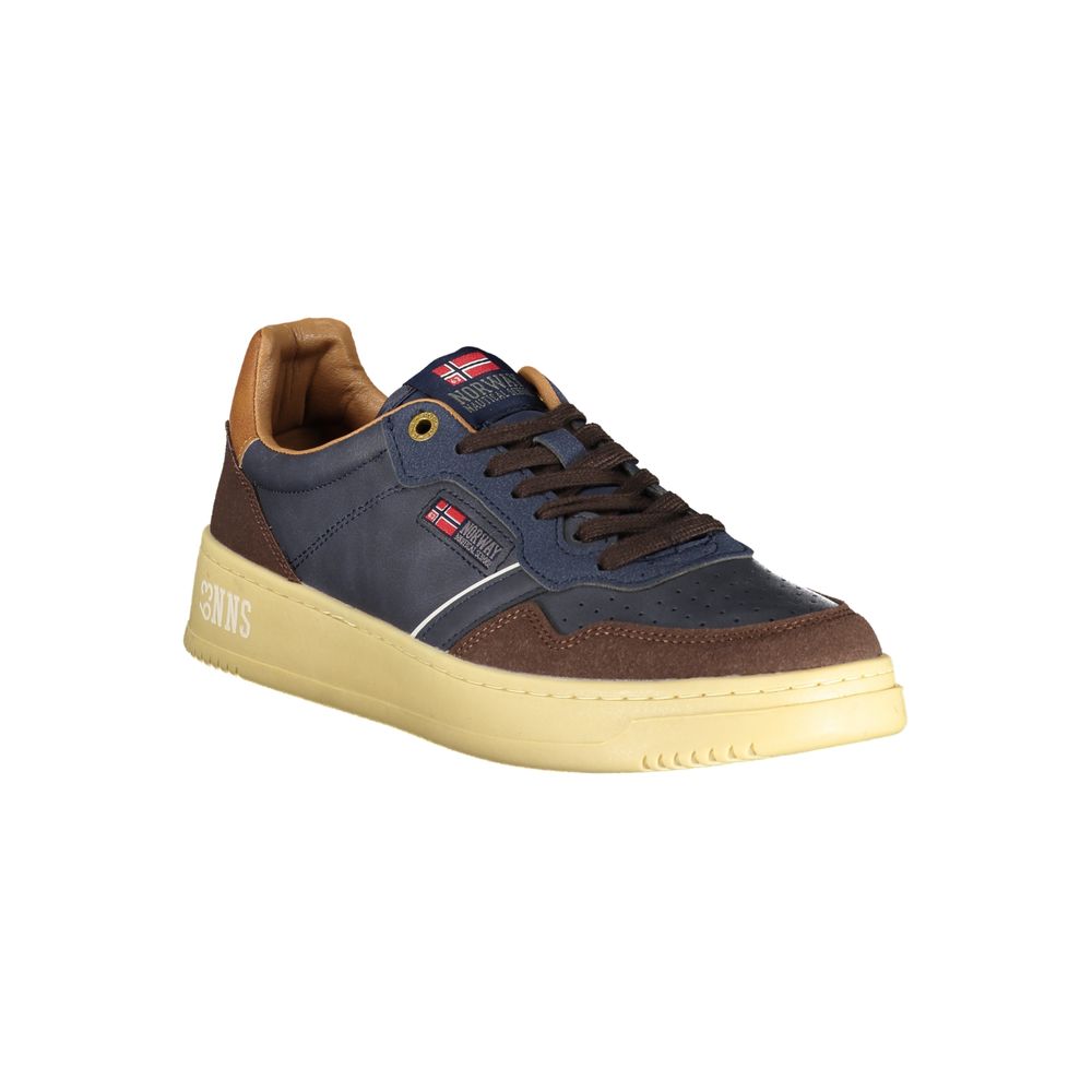 Norway 1963 blue polyurethane men's sneaker with white sole and laces, casual athletic footwear on a plain background.