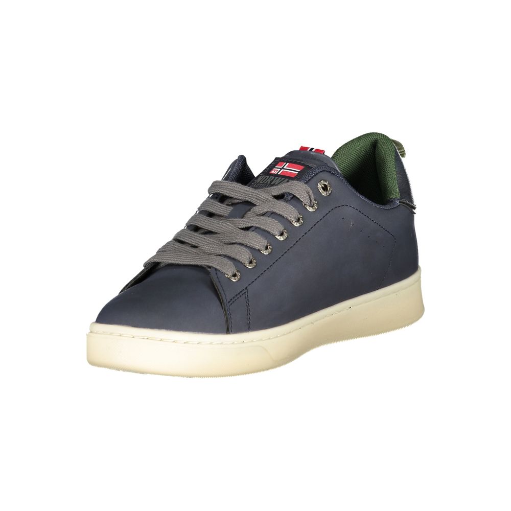 Norway 1963 blue polyurethane men's sneaker with white sole and laces, casual athletic shoe on plain background.
