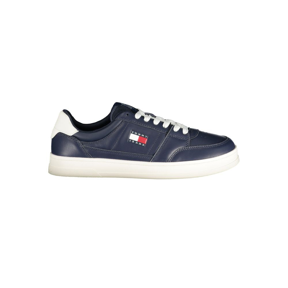 Tommy Hilfiger blue leather men's sneaker with white sole and Tommy Hilfiger logo on the side, casual athletic footwear.