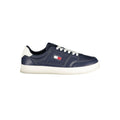 Tommy Hilfiger blue leather men's sneaker with white sole and Tommy Hilfiger logo on the side, casual athletic footwear.