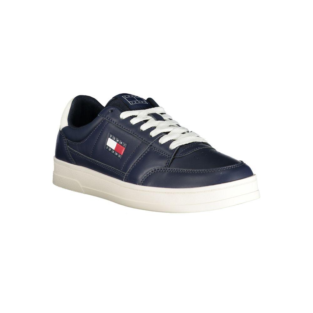 Tommy Hilfiger blue leather men's sneaker with white sole and laces, stylish casual footwear.