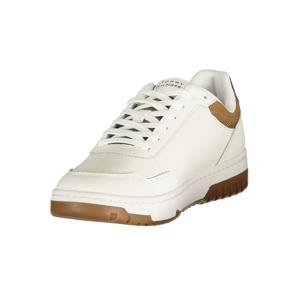 Tommy Hilfiger Bianco men's sneaker with white polyurethane material, casual athletic shoe with lace-up design and brand logo details.