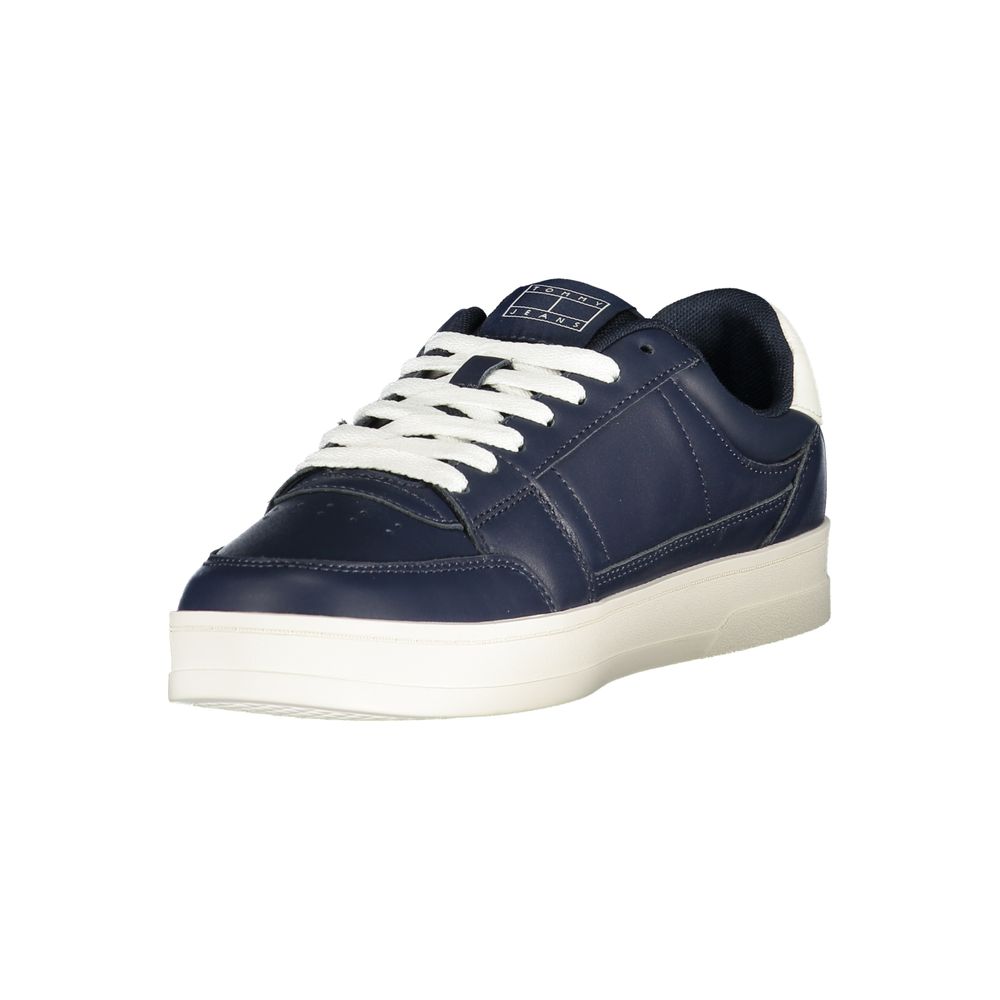 Tommy Hilfiger blue leather men's sneaker with white sole and logo detail, casual footwear for everyday wear.