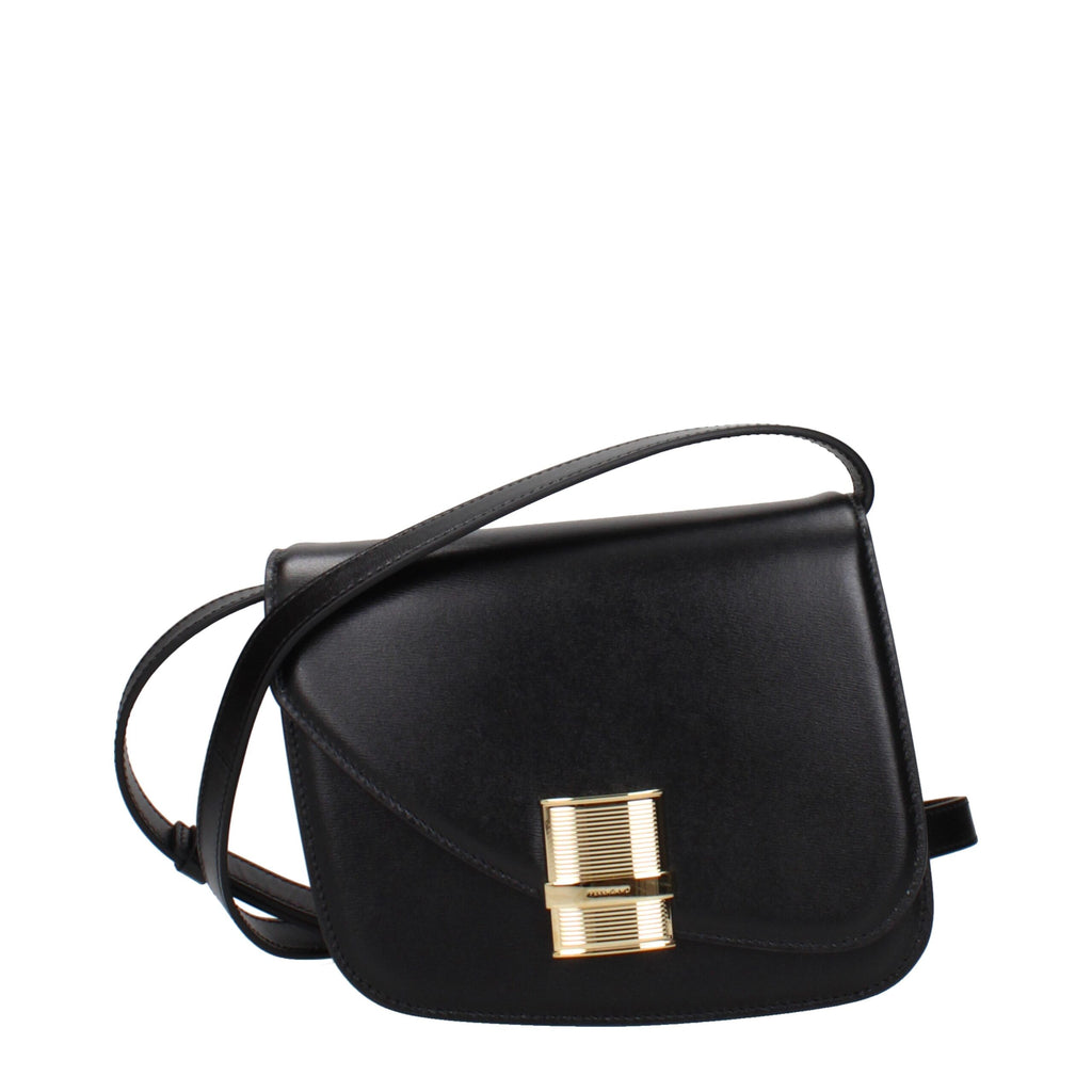 Black leather Salvatore Ferragamo crossbody bag with adjustable strap and gold-tone hardware, featuring a sleek, structured design.