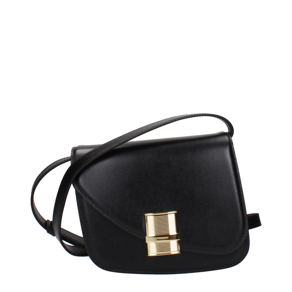 Black leather Salvatore Ferragamo crossbody bag with adjustable strap and gold-tone hardware, featuring a sleek, structured design.