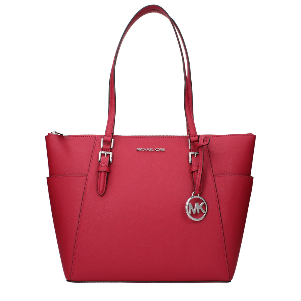 Michael Kors red leather shoulder bag showing smooth textured leather, gold-tone hardware, and adjustable shoulder strap.