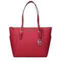 Michael Kors red leather shoulder bag showing smooth textured leather, gold-tone hardware, and adjustable shoulder strap.