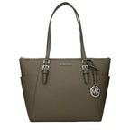 Green leather Michael Kors shoulder bag with gold-tone hardware and adjustable strap, stylish accessory for everyday wear.