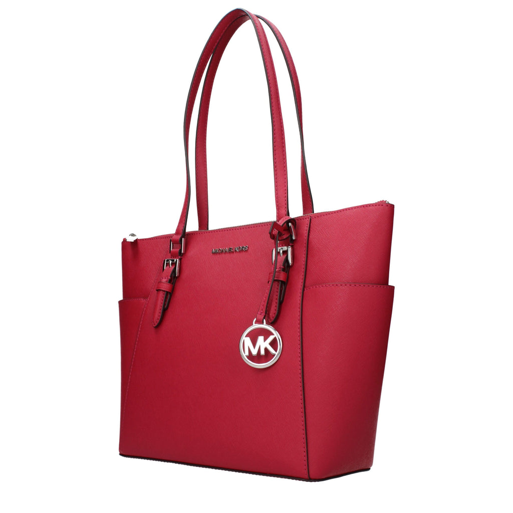 Red leather shoulder bag by Michael Kors with silver hardware and adjustable strap, stylish accessory for everyday wear.
