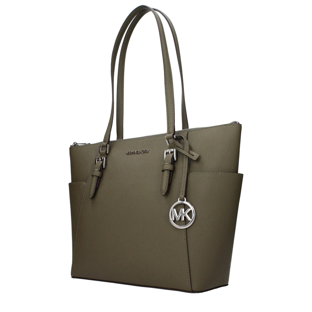 Green leather shoulder bag by Michael Kors with gold-tone hardware and adjustable strap, stylish and spacious accessory.