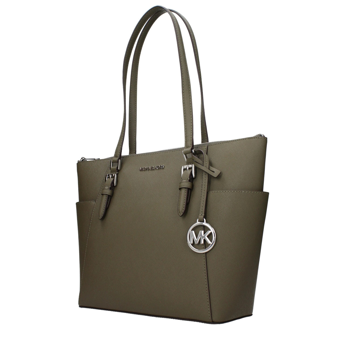 Green leather shoulder bag by Michael Kors with gold-tone hardware and adjustable strap, stylish and spacious accessory.