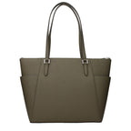 Michael Kors green leather shoulder bag with gold hardware, featuring a sleek design and adjustable strap.