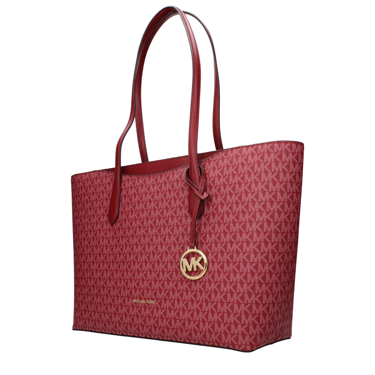 Michael Kors red fabric shoulder bag with adjustable strap and gold-tone hardware, stylish accessory for everyday use