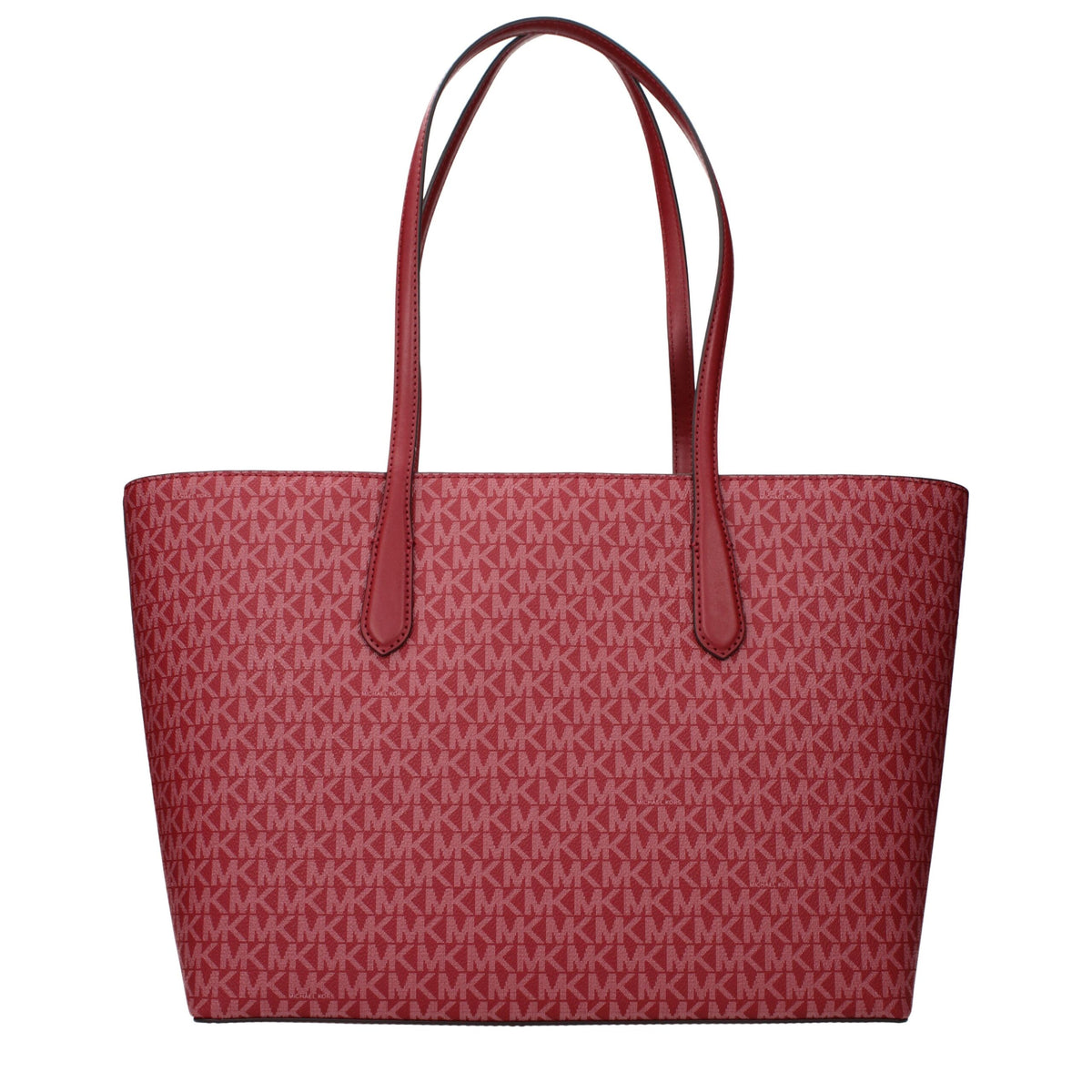 Red fabric shoulder bag by Michael Kors with gold-tone hardware and adjustable strap, featuring a sleek, stylish design.