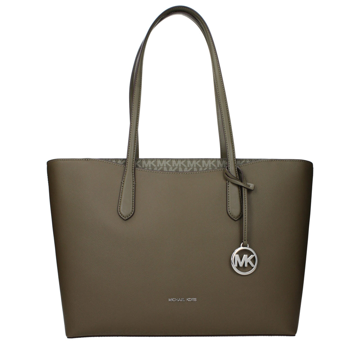 Michael Kors green fabric shoulder bag with adjustable strap and gold-tone hardware, stylish and spacious for everyday use.