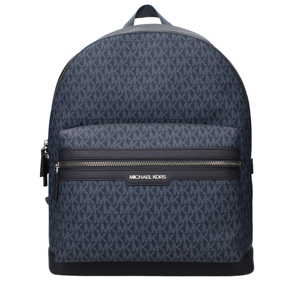 Blue fabric Michael Kors backpack with adjustable straps and zippered compartments, stylish and functional for everyday use.