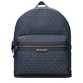 Blue fabric Michael Kors backpack with adjustable straps and zippered compartments, stylish and functional for everyday use.