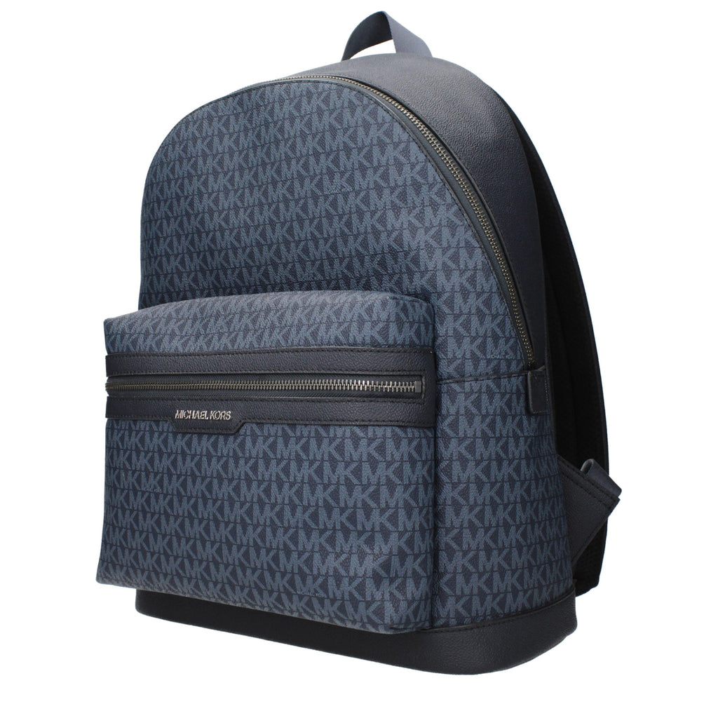 Michael Kors blue fabric backpack with adjustable straps and front zip pocket, stylish and functional for everyday use.