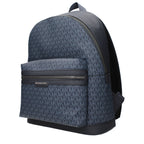 Michael Kors blue fabric backpack with adjustable straps and front zip pocket, stylish and functional for everyday use.