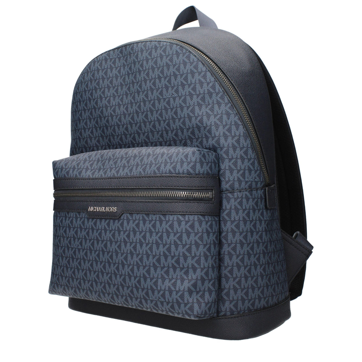 Michael Kors blue fabric backpack with adjustable straps and front zip pocket, stylish and functional for everyday use.