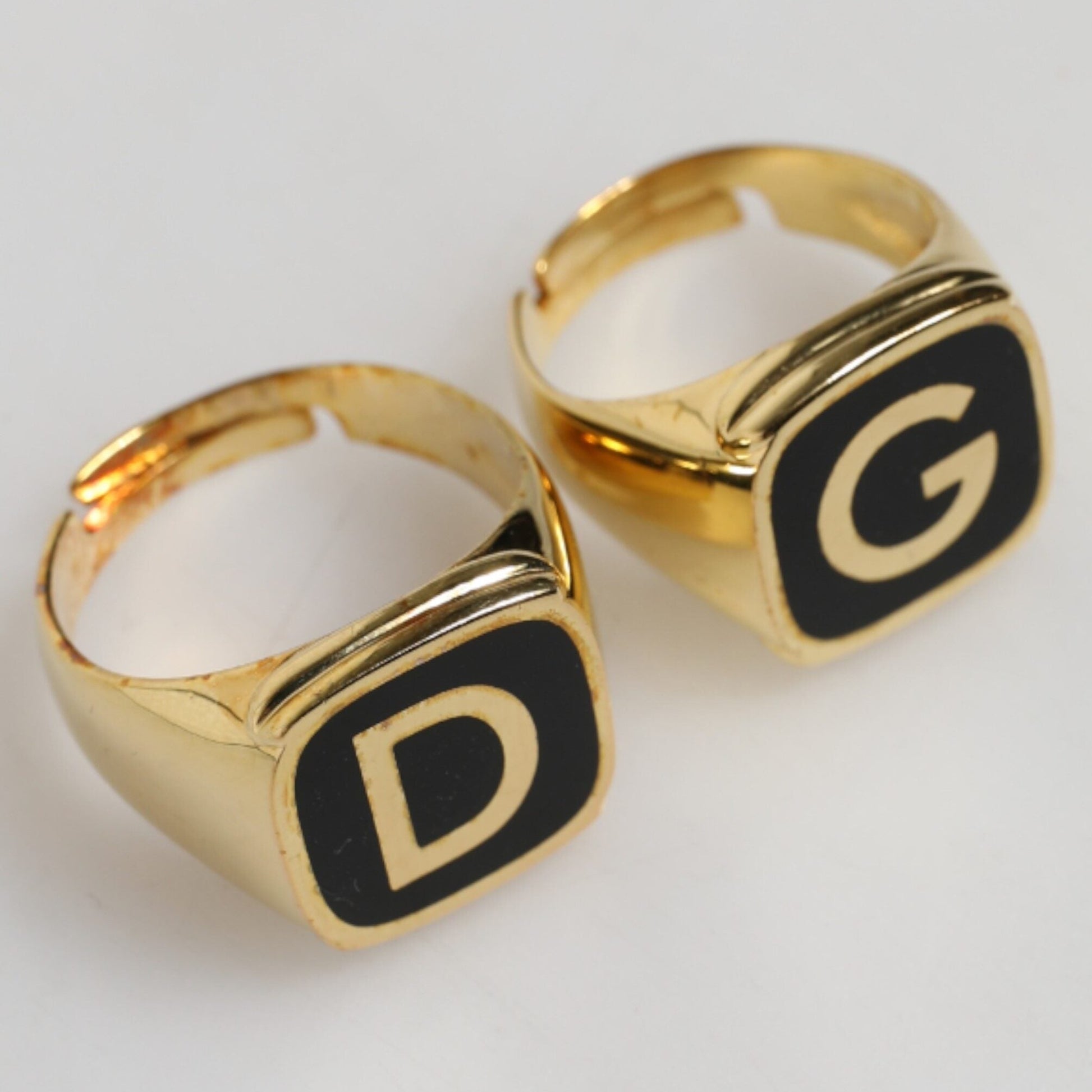 Dolce & Gabbana Gold-Tone Real Brass Black Enamel "DG" Adjustable Rings