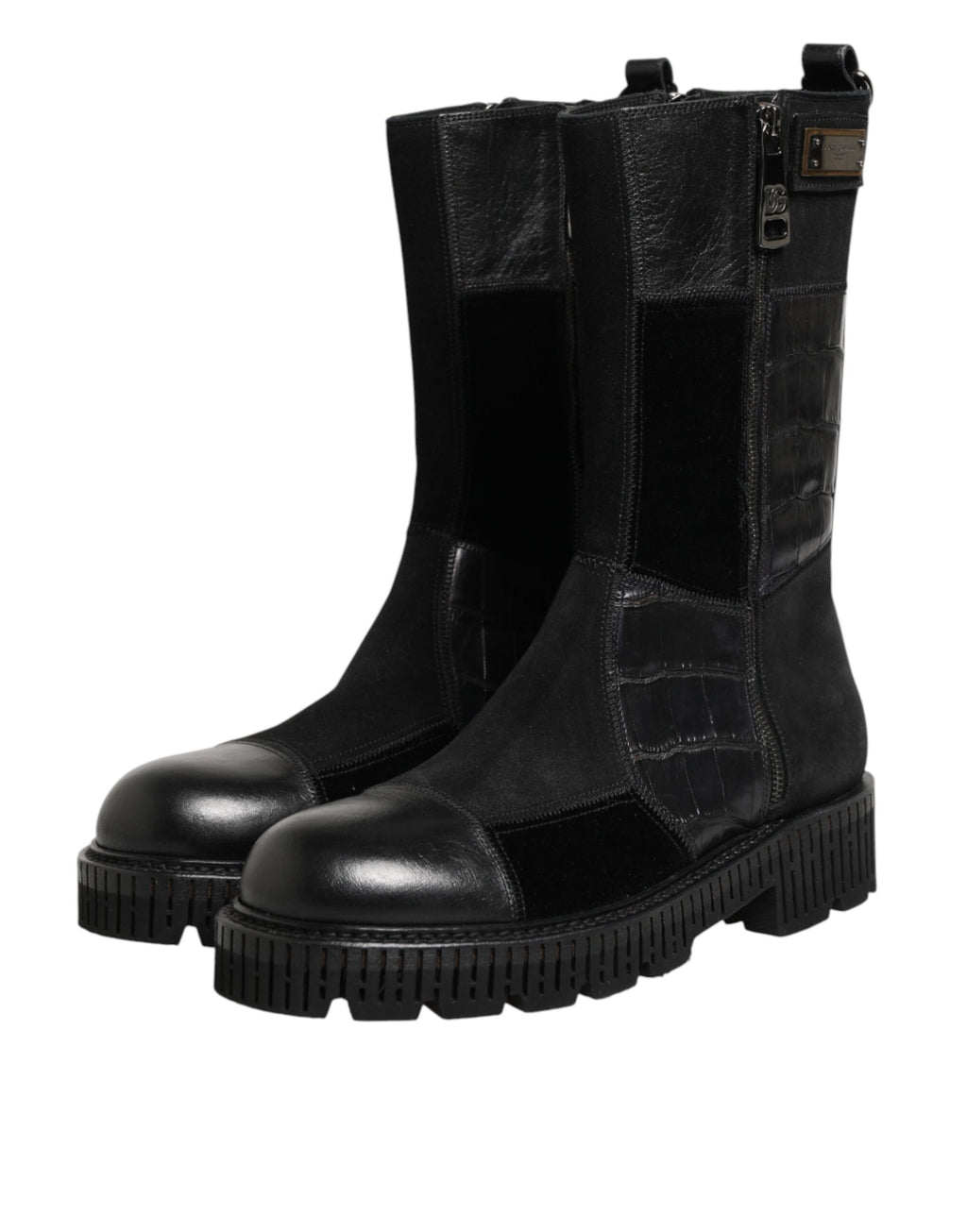 Dolce & Gabbana Black Patchwork Leather Mid Calf Boot  Shoes - Eljoys Fashion 