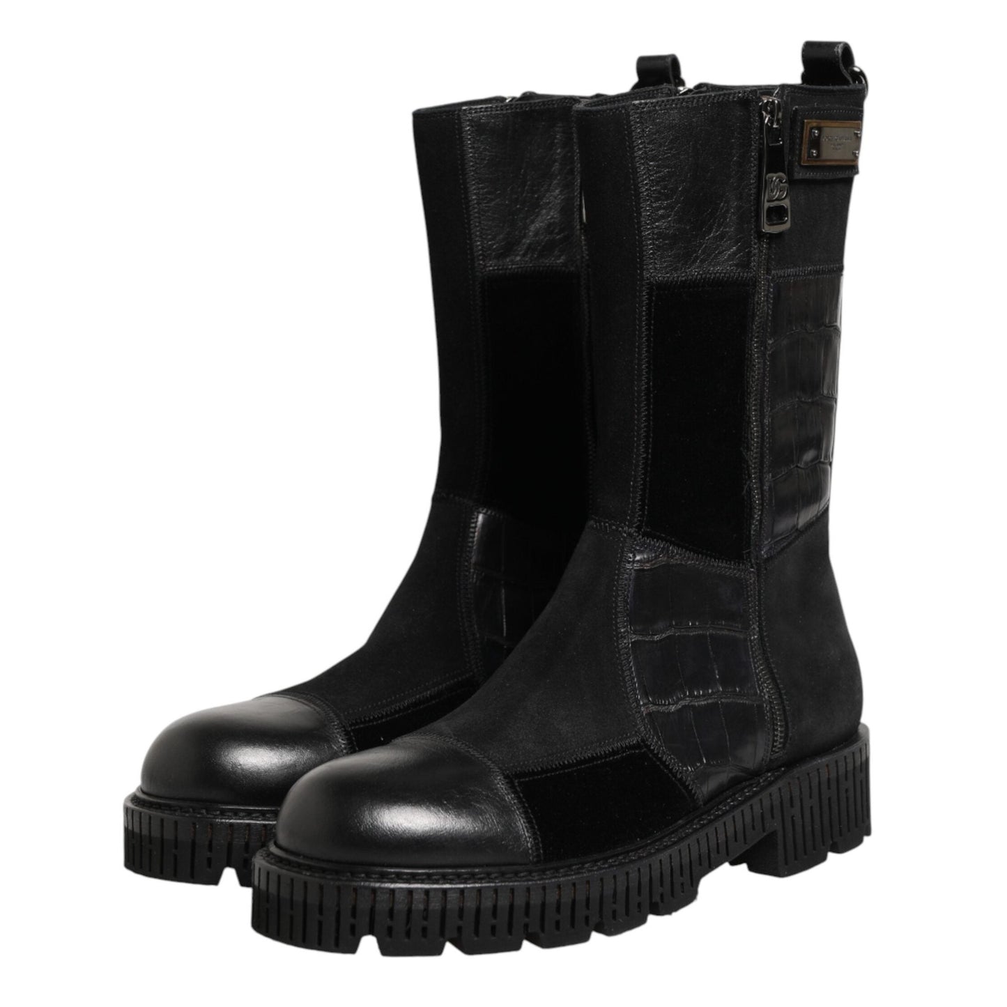 Dolce & Gabbana Black Patchwork Leather Mid Calf Boot Shoes