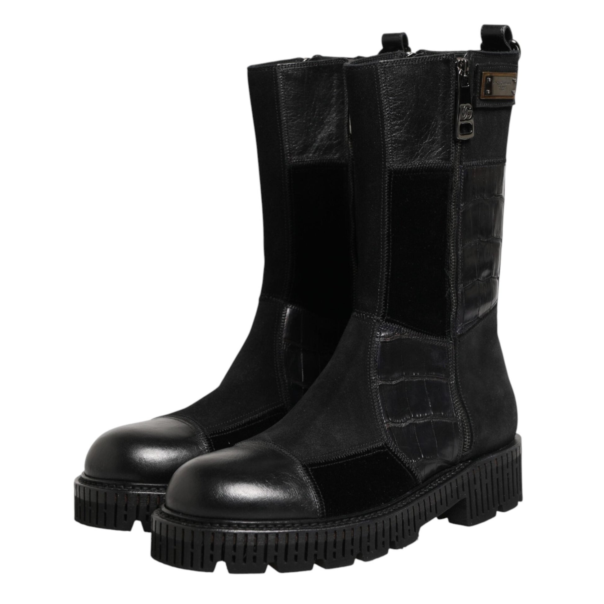 Dolce & Gabbana Black Patchwork Leather Mid Calf Boot Shoes