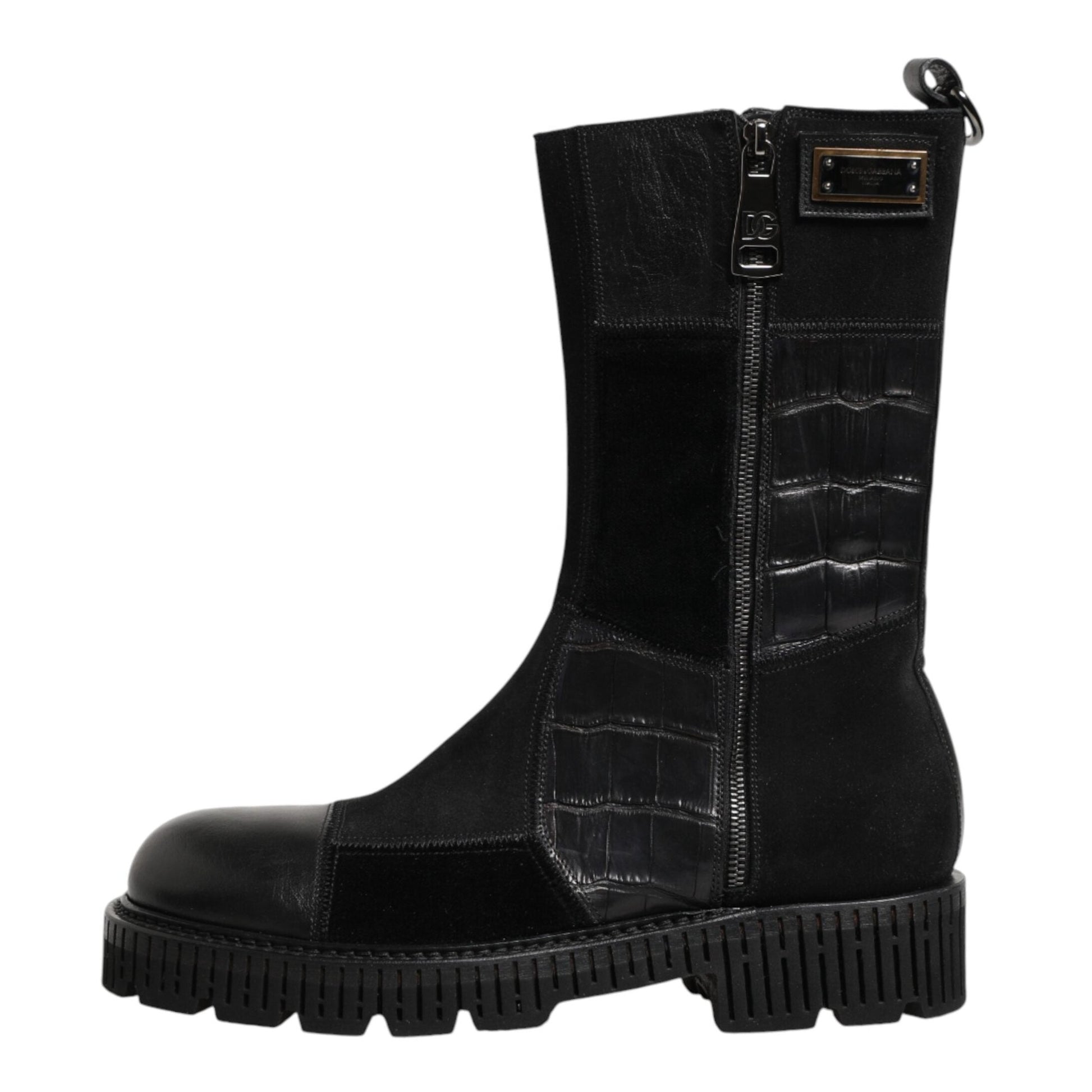 Dolce & Gabbana Black Patchwork Leather Mid Calf Boot Shoes