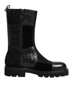 Dolce & Gabbana Black Patchwork Leather Mid Calf Boot  Shoes - Eljoys Fashion 