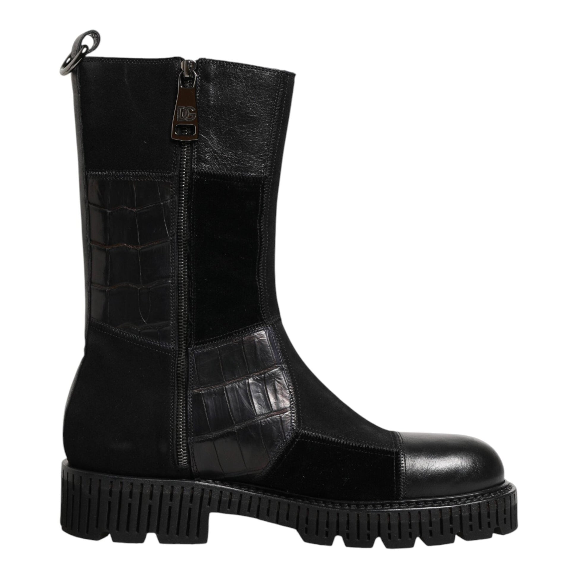 Dolce & Gabbana Black Patchwork Leather Mid Calf Boot Shoes