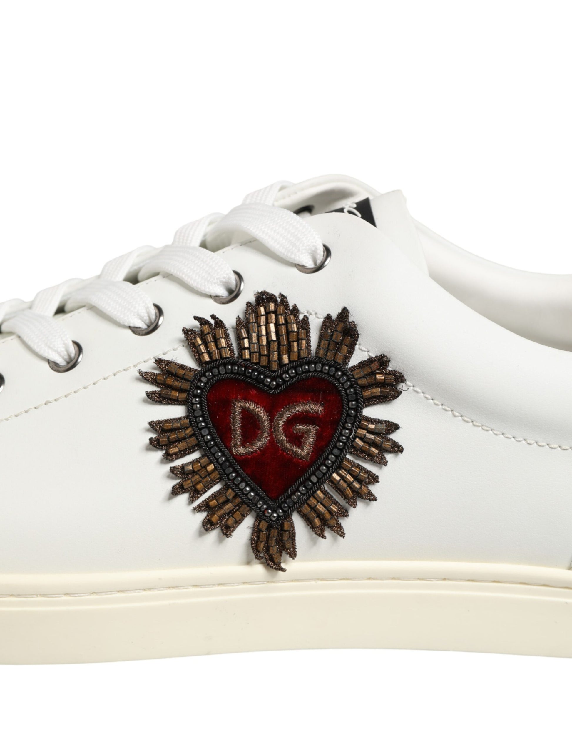 Dolce & Gabbana White Leather Heart Embellished Sneakers Shoes Dolce & Gabbana