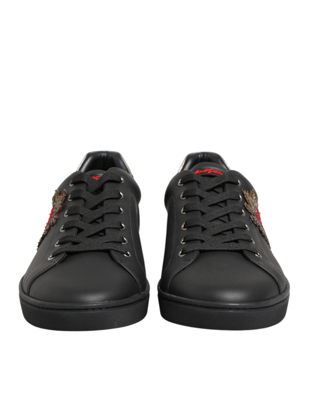 Dolce & Gabbana Black Leather Heart Embellished Sneakers Shoes - Eljoys Fashion 