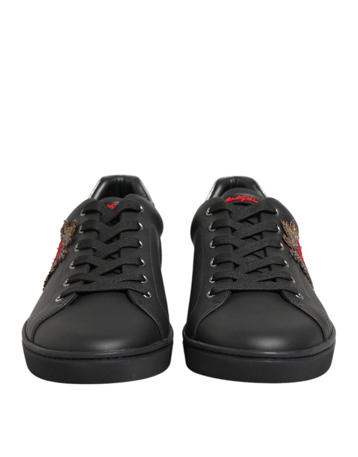 Dolce & Gabbana Black Leather Heart Embellished Sneakers Shoes - Eljoys Fashion 