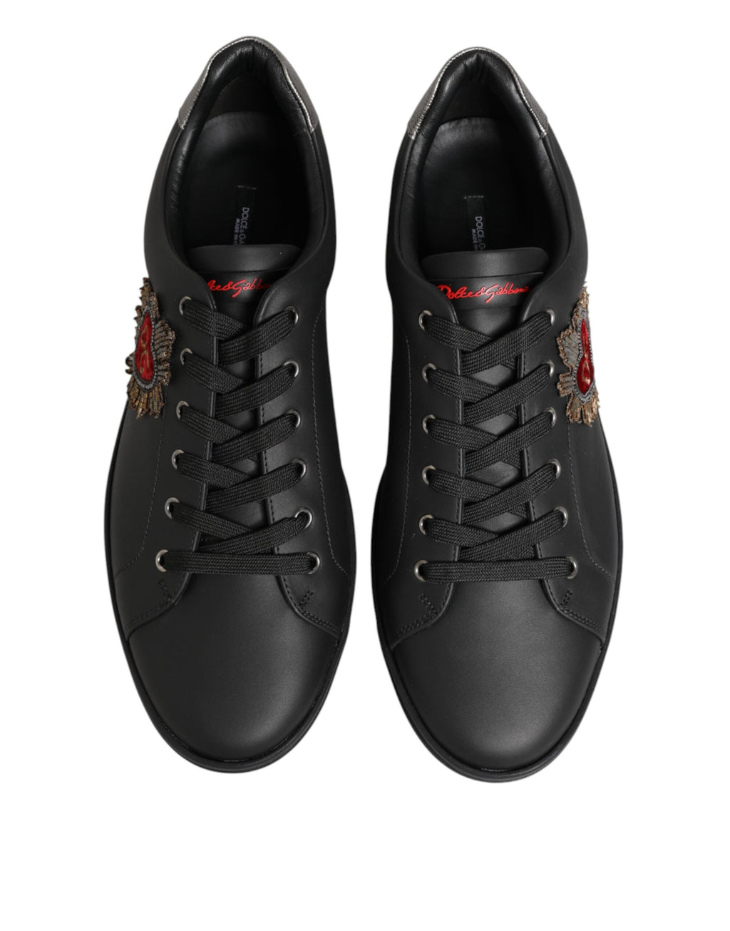 Dolce & Gabbana Black Leather Heart Embellished Sneakers Shoes - Eljoys Fashion 