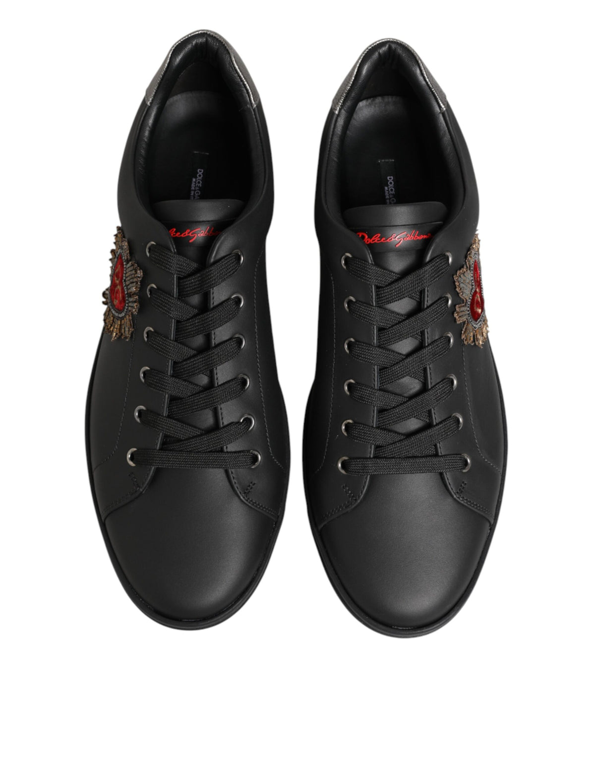 Dolce & Gabbana Black Leather Heart Embellished Sneakers Shoes - Eljoys Fashion 