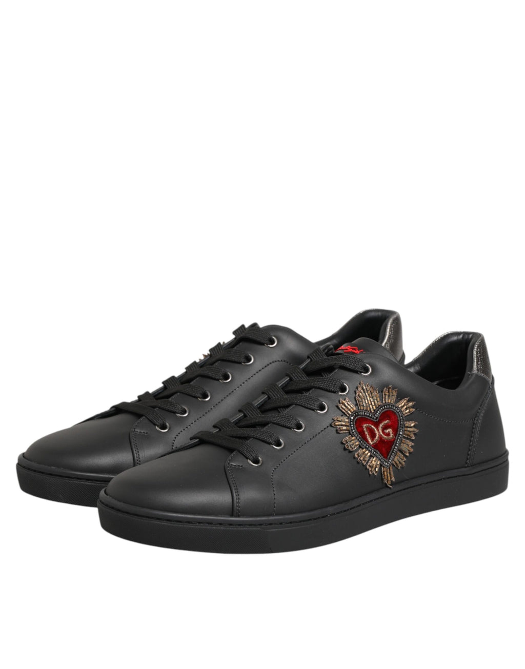 Dolce & Gabbana Black Leather Heart Embellished Sneakers Shoes - Eljoys Fashion 