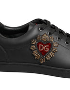 Dolce & Gabbana Black Leather Heart Embellished Sneakers Shoes - Eljoys Fashion 