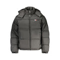 Tommy Hilfiger black polyester men's jacket with front zipper and stand collar, stylish and casual outerwear.