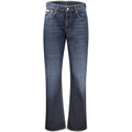 Calvin Klein blue cotton women's high-rise jeans with classic five-pocket design and belt loops, styled on a hanger.